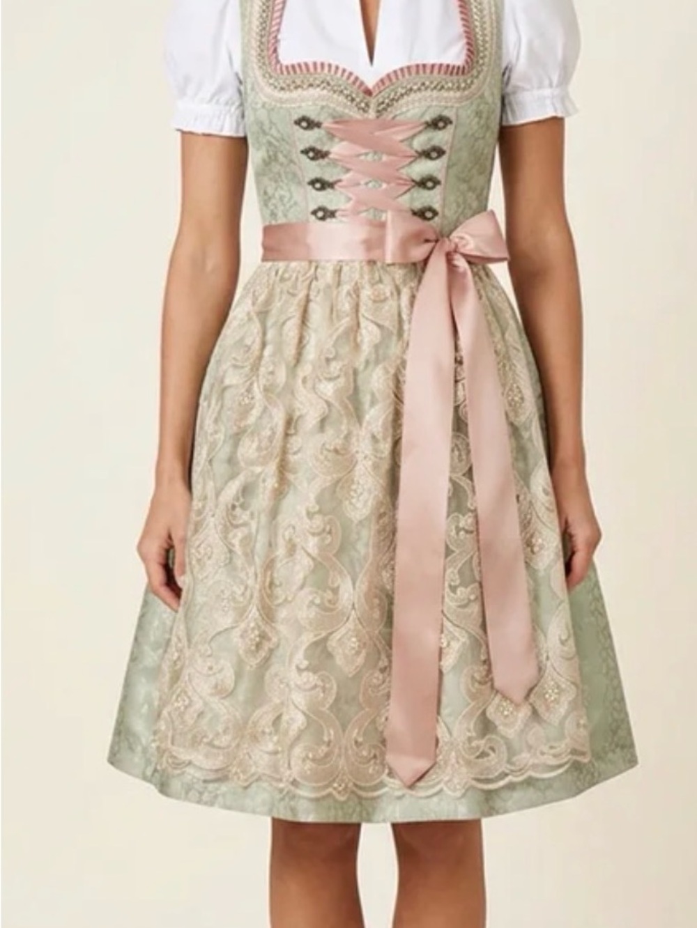 NWT Krüger Madl Sage Green Midi Dirndl with Pearl Embellished Apron - Picture 3 of 14